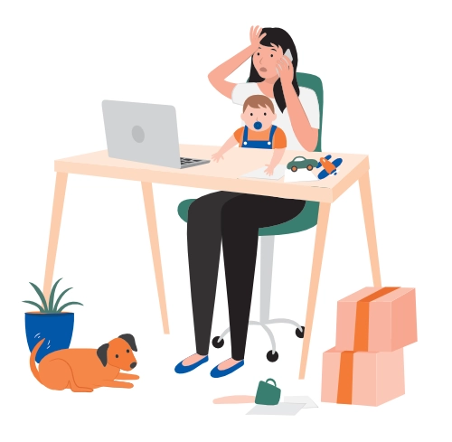 Illustration of mother sitting at desk with small child looking overwhelmed