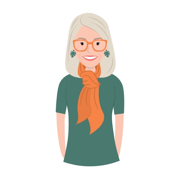 Illustration of blonde woman with green top, orange scarf and glasses