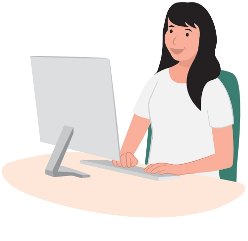 Illustration of a woman sitting at a desk looking at computer screen